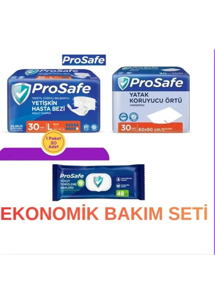 Prosafe Hasta Bakım Seti L Beden 30’lu Hasta Bezi + 30’lu Yatak Koruyucu + 48’li Vücut Tmzlm Hvls